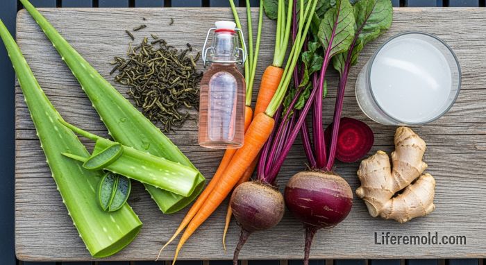 Collection of natural ingredients for bedtime skin drinks