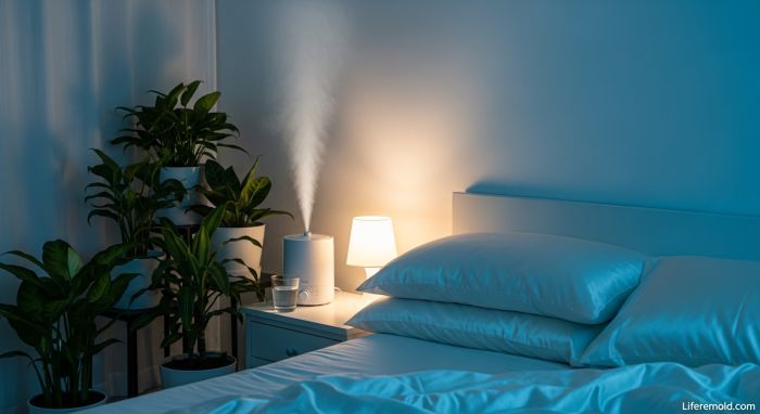 Perfect bedroom setup with humidifier and healthy sleep environment