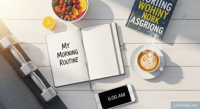 Overhead view of organized morning routine essentials including journal coffee and exercise equipment
