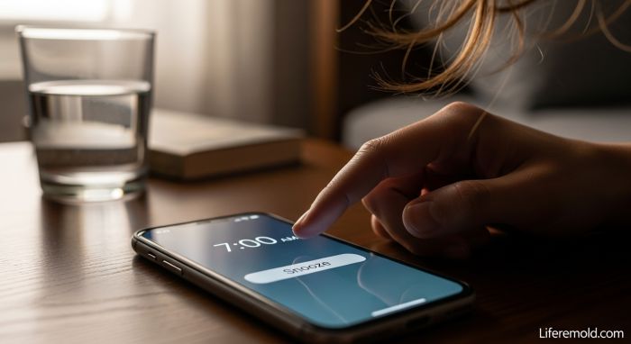 Hand pressing snooze button repeatedly causing morning fatigue