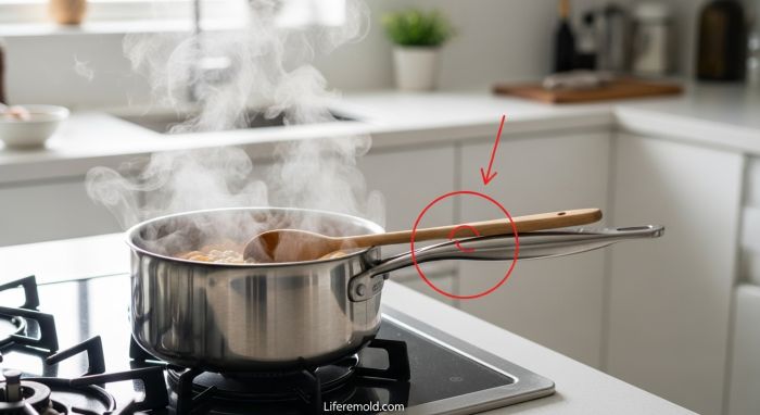 Kitchen pot handle hole serving as built-in spoon rest during cooking