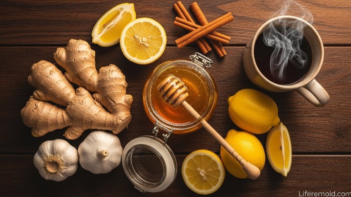 Natural cold fighting ingredients honey ginger lemon garlic on wooden table