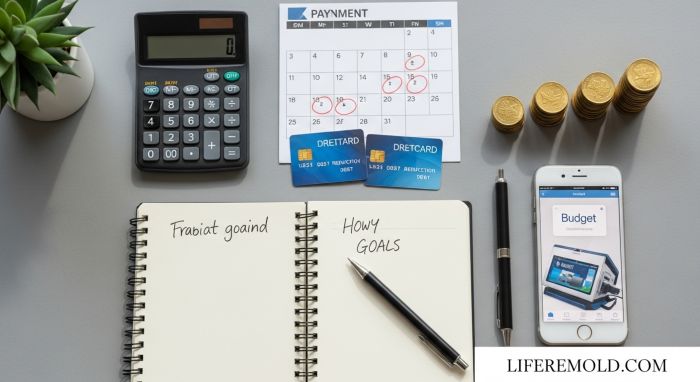 Organized financial planning workspace with budget tools and credit improvement strategies