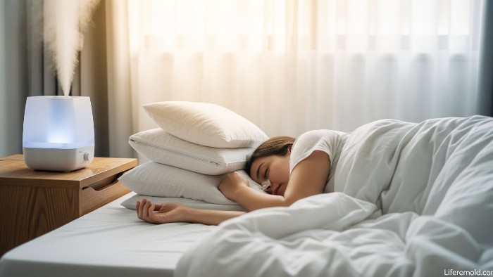 Person sleeping peacefully with humidifier for cold recovery