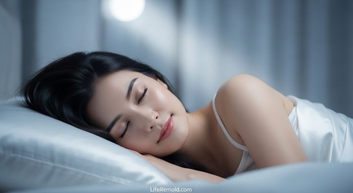 Woman sleeping peacefully with glowing skin on silk pillowcase