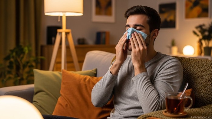 Man using warm compress for stuffy nose relief at home