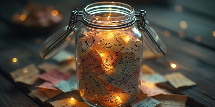 A glass "Appreciation Jar" filled with colorful notes of grateful moments.