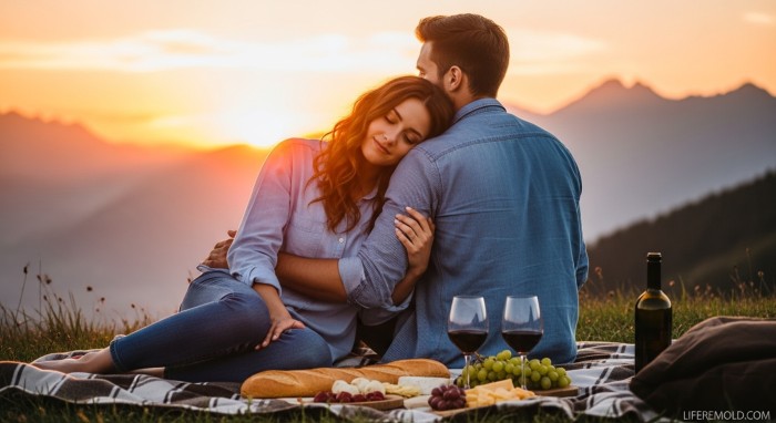 Couple cuddling on picnic blanket watching beautiful sunset together