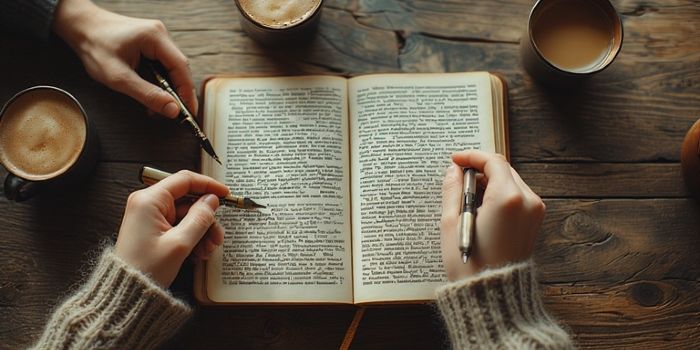 A top-down view of a couple's hands as they write together in a shared gratitude journal.