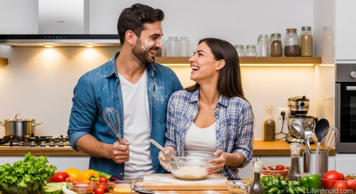 Couple showing emotional intimacy through shared activities and laughter