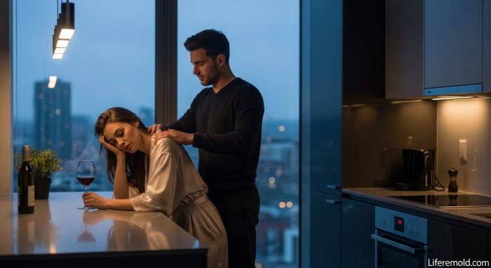 Partner giving shoulder massage to stressed woman showing emotional attunement and silent support