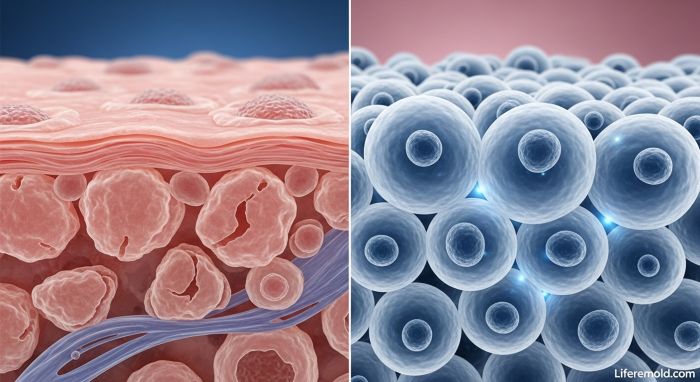 Scientific illustration of nighttime skin cell repair and hydration process