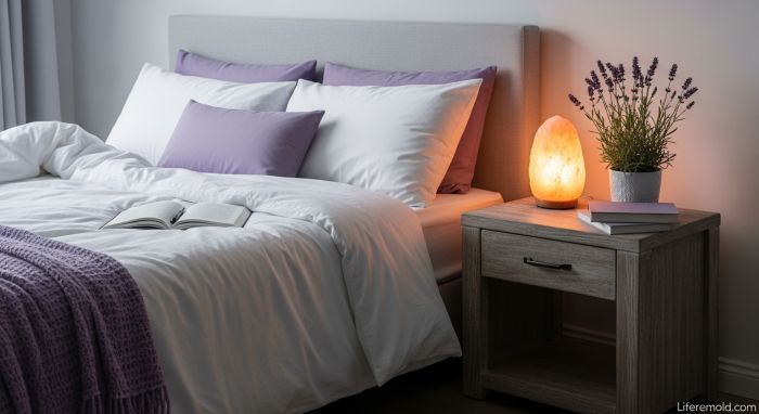 Peaceful bedroom designed with proper sleep hygiene practices to reduce anxiety symptoms