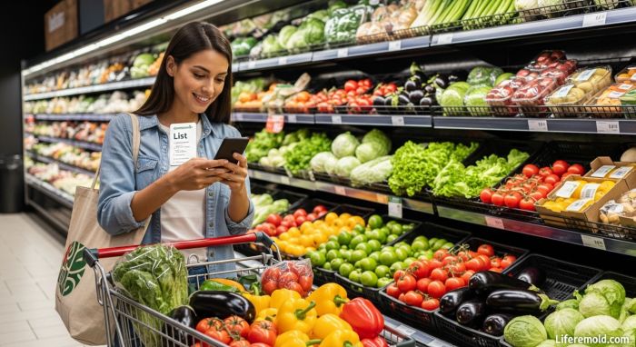 Woman using shopping list app to save money on grocery expenses