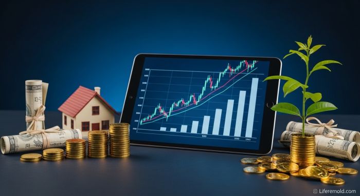 Various investment vehicles including stocks, bonds, and real estate for wealth building