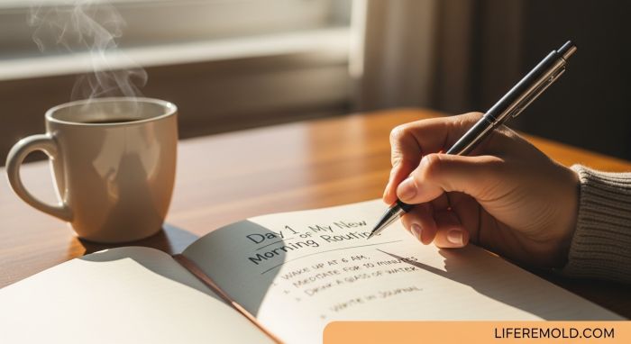 Hand writing in journal on day one of new morning routine with coffee and soft lighting