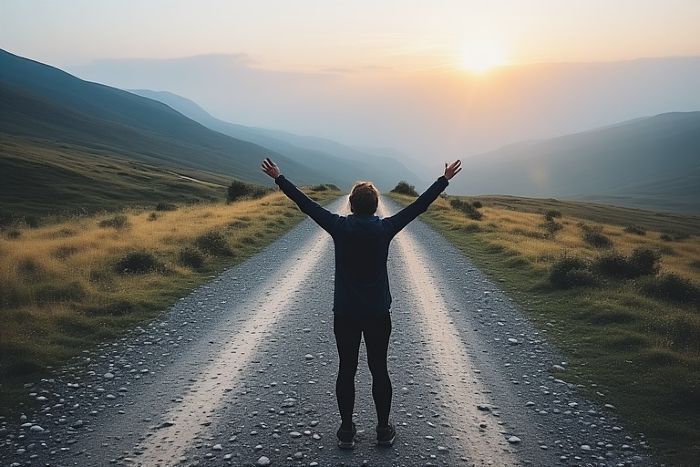 Person standing confidently at the beginning of their habit stacking journey