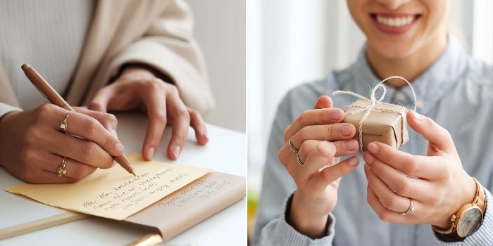 A diptych image showing two different love languages in action: writing a loving note and giving a thoughtful gift.