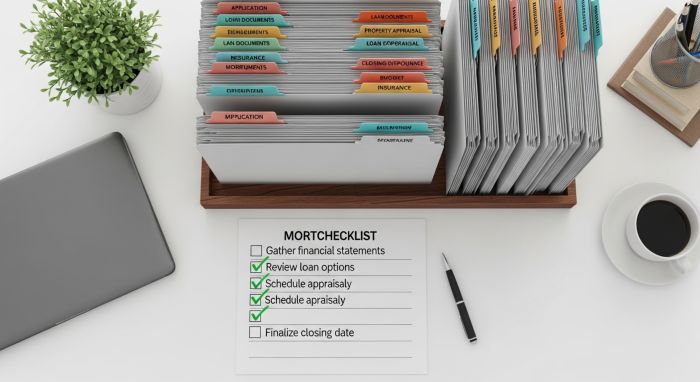 Organized mortgage documents folder with checklist