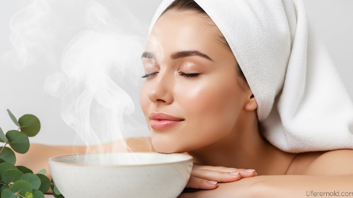 Woman doing steam inhalation therapy for congestion relief