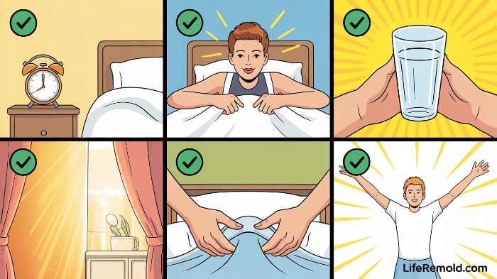 Six step visual guide showing how to build transformative morning routine habits