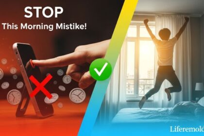 Person hitting snooze button versus energetically waking up comparison showing morning routine mistakes