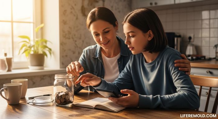 Parent teaching teenager about money management and saving strategies