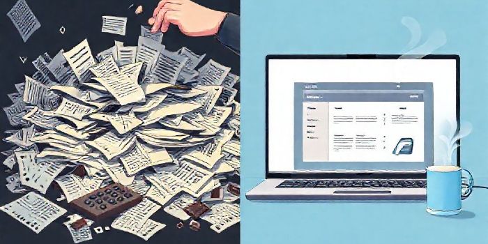 A visual comparison of messy paper tax filing versus clean and easy online tax software.