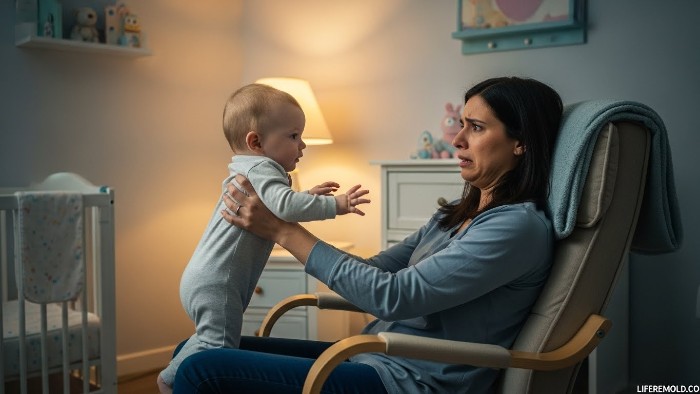 Mother with postpartum depression struggling to bond with newborn baby in nursery