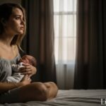 Young mother with postpartum depression holding baby while crying alone in bedroom