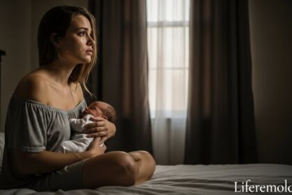 Young mother with postpartum depression holding baby while crying alone in bedroom