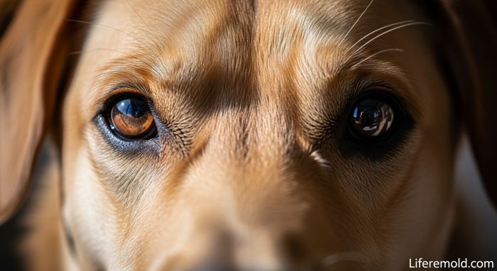 Close-up of loyal dog eyes showing trust and emotional connection with owner