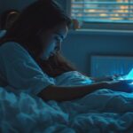 A person in bed reaching for their glowing phone first thing in the morning, a habit that is ruining their energy.