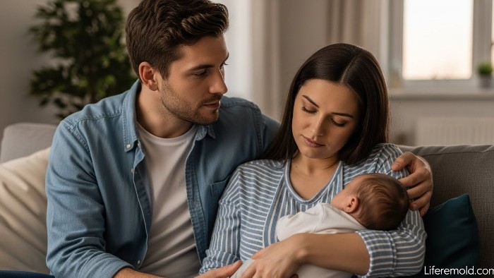 Supportive partner comforting wife with postpartum depression while holding newborn