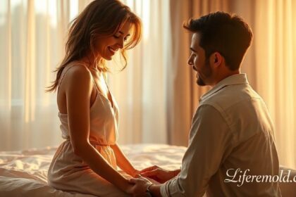 Intimate moment of man showing devotion to woman through caring gesture in bedroom demonstrating silent love language