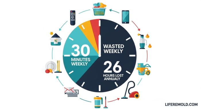 Statistics showing annual time wastage from improper use of household items