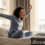 Woman experiencing morning fatigue and tiredness after waking up