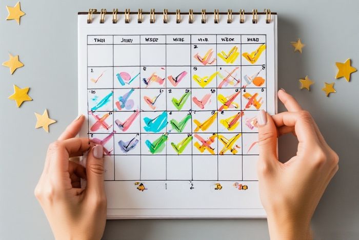 Monthly habit tracker calendar showing progressive success with colorful checkmarks