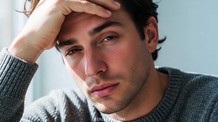 Man experiencing cold symptoms like headache and congestion