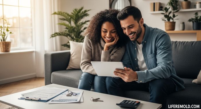 Happy couple reviewing mortgage documents benefiting from good credit scores
