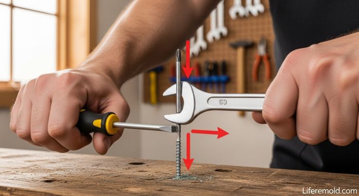Professional technique showing wrench assistance on screwdriver for stubborn screws