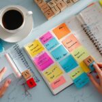 Person creating habit stacking system with coffee journal and colorful planning notes