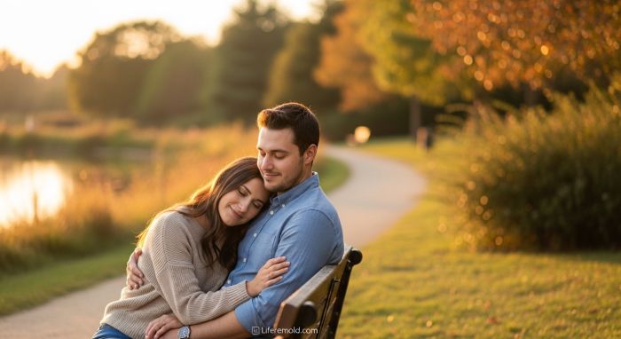 Couple showing vulnerability and emotional closeness in peaceful moment