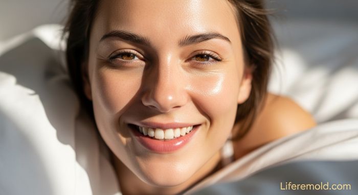 Woman waking up with radiant glowing skin in morning sunlight