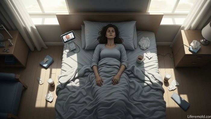 Exhausted mother unable to get out of bed showing physical symptoms of postpartum depression