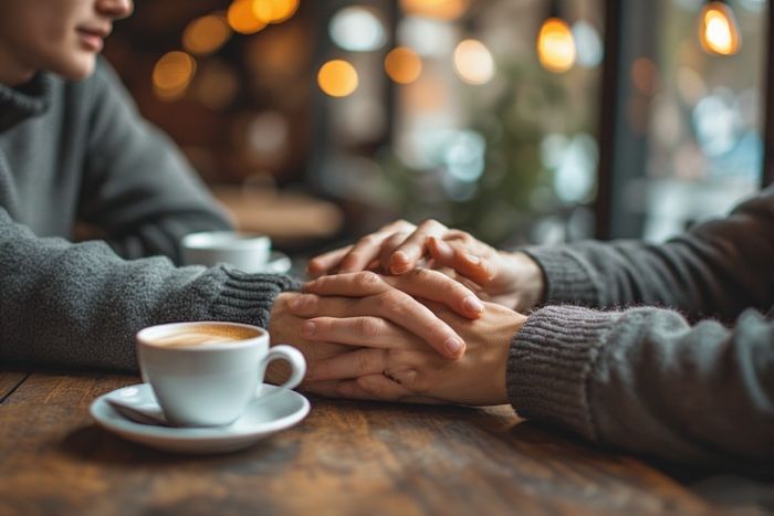 Couple holding hands during meaningful conversation showing emotional intimacy