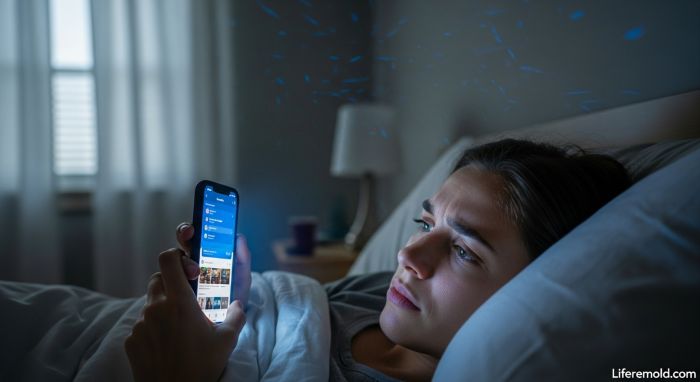 Person experiencing digital overload by checking smartphone in the morning