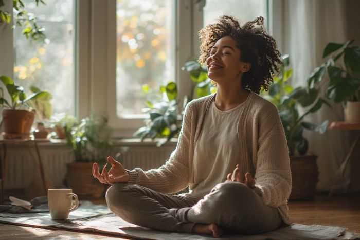 Happy woman meditating peacefully as part of her morning habit stack routine