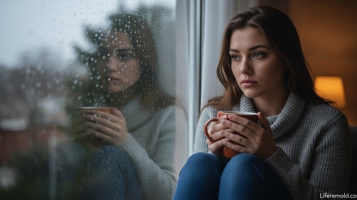 Thoughtful woman by rainy window contemplating relationship problems