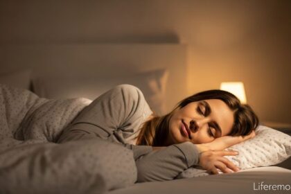 Peaceful woman sleeping instantly using 5-minute relaxation technique in comfortable bedroom